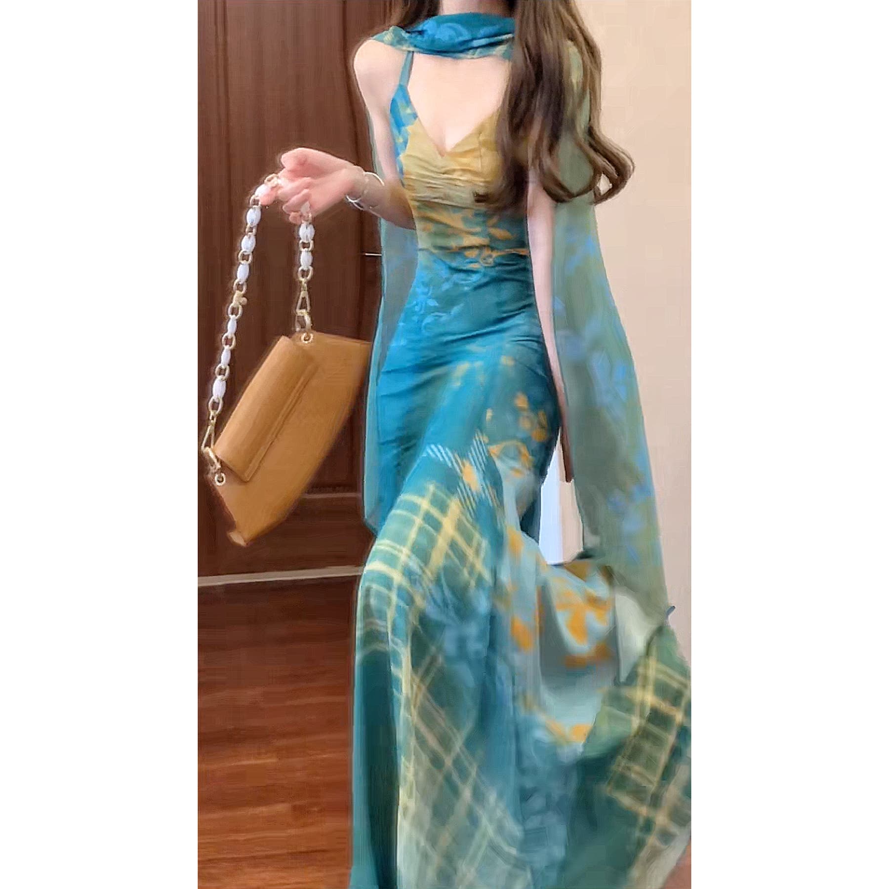 실사 공작 링 홀치기 염색 블루 면 린넨 휴가 민족 스타일 해변가 청화 백자 슬립 드레스 이미지 5