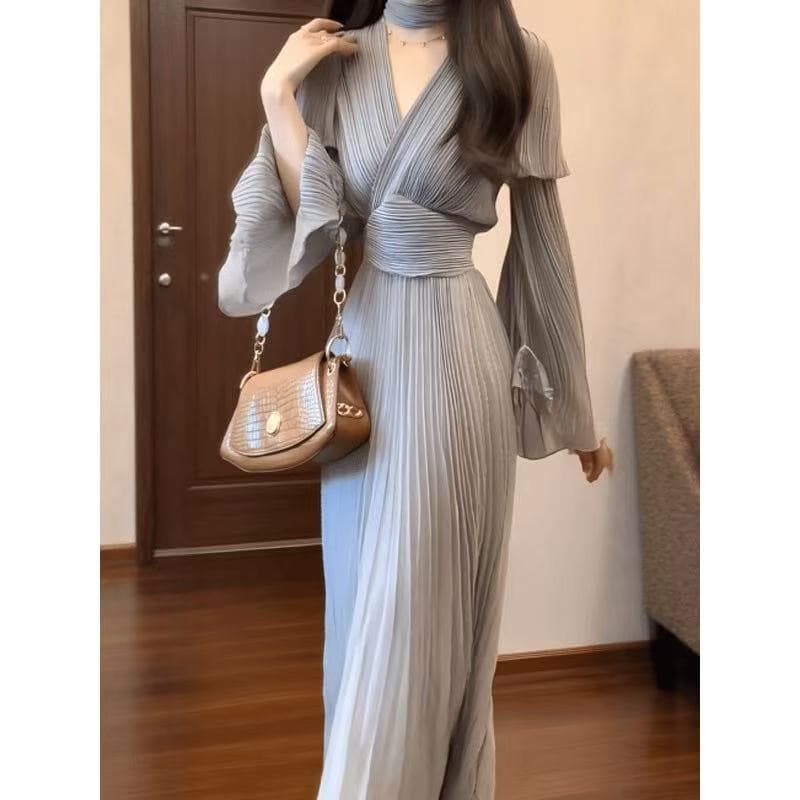 실사 화이트 V넥 여성 드레스 새로운 이른 봄 긴팔 차 휴식 프랑스식 고급 센스 치마 이미지 4