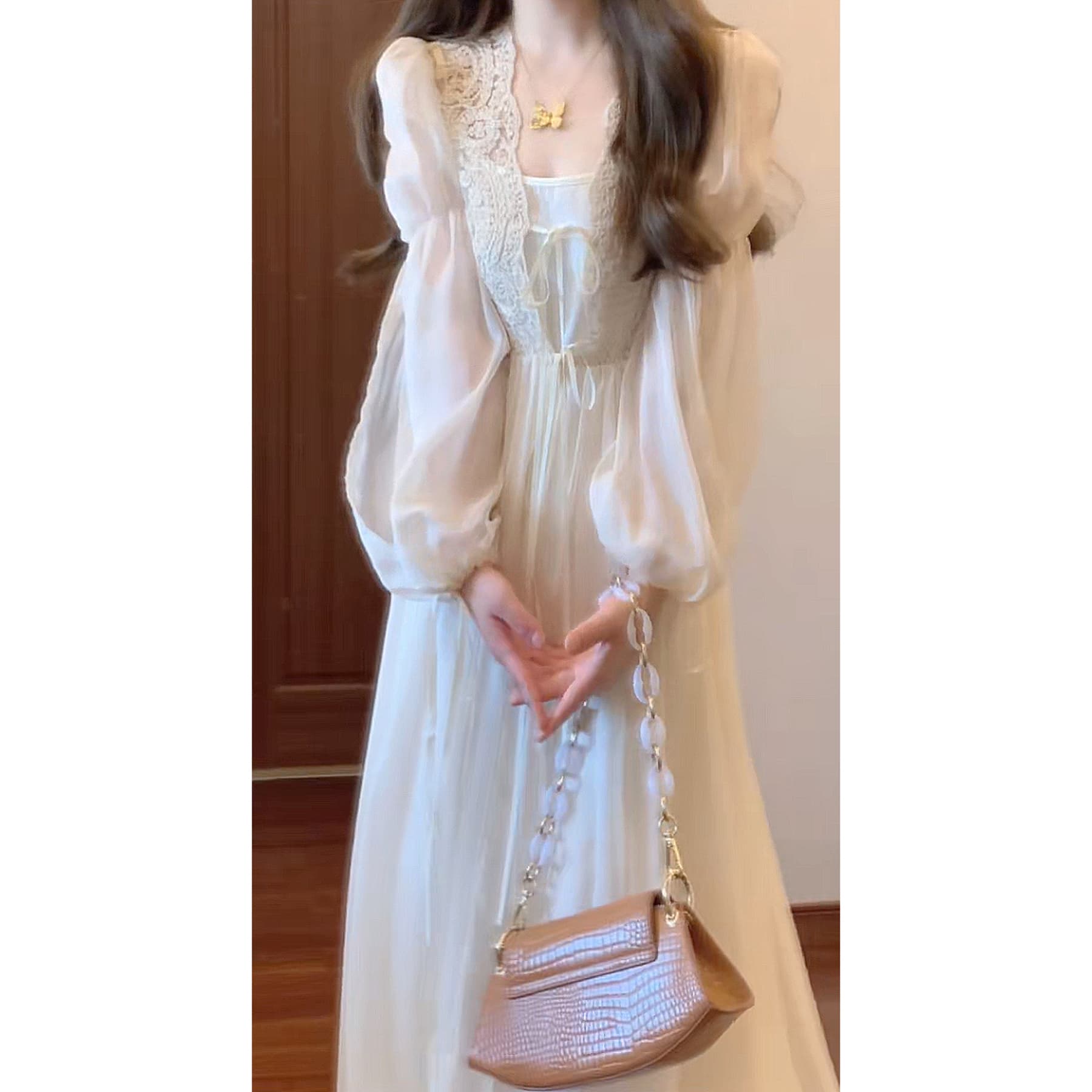 실사 슈퍼 요정 레트로 레이스 오픈 가디건 요정 행사 치마 나이트 드레스 아침 로브 보내기 슬립 투피스 세트 상세 이미지 3