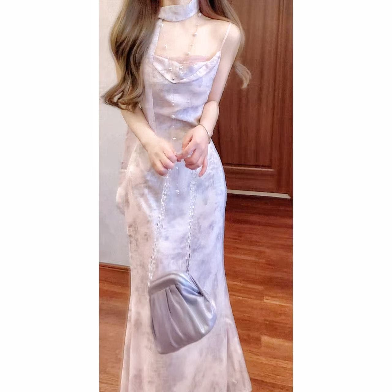 실사 여름 비밀 상황 하이웨이스트 허리 수축 슬림해 보이는 부드러운 바람 드레스 여름 새로운 프린트 롱 스커트 이미지 4