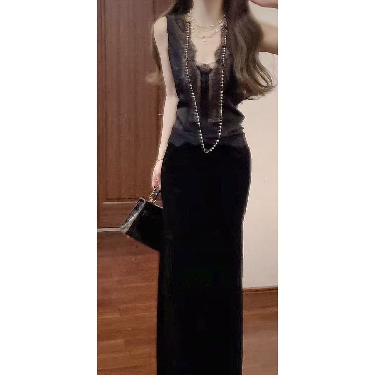 실사 부문 피닉스 빛 럭셔리 tf 새로운 계절 레이스 새틴 V넥 몸매 가꾸기 맨위 하이웨이스트 타이트 스커트 반 스커트 세트 상세 이미지 3