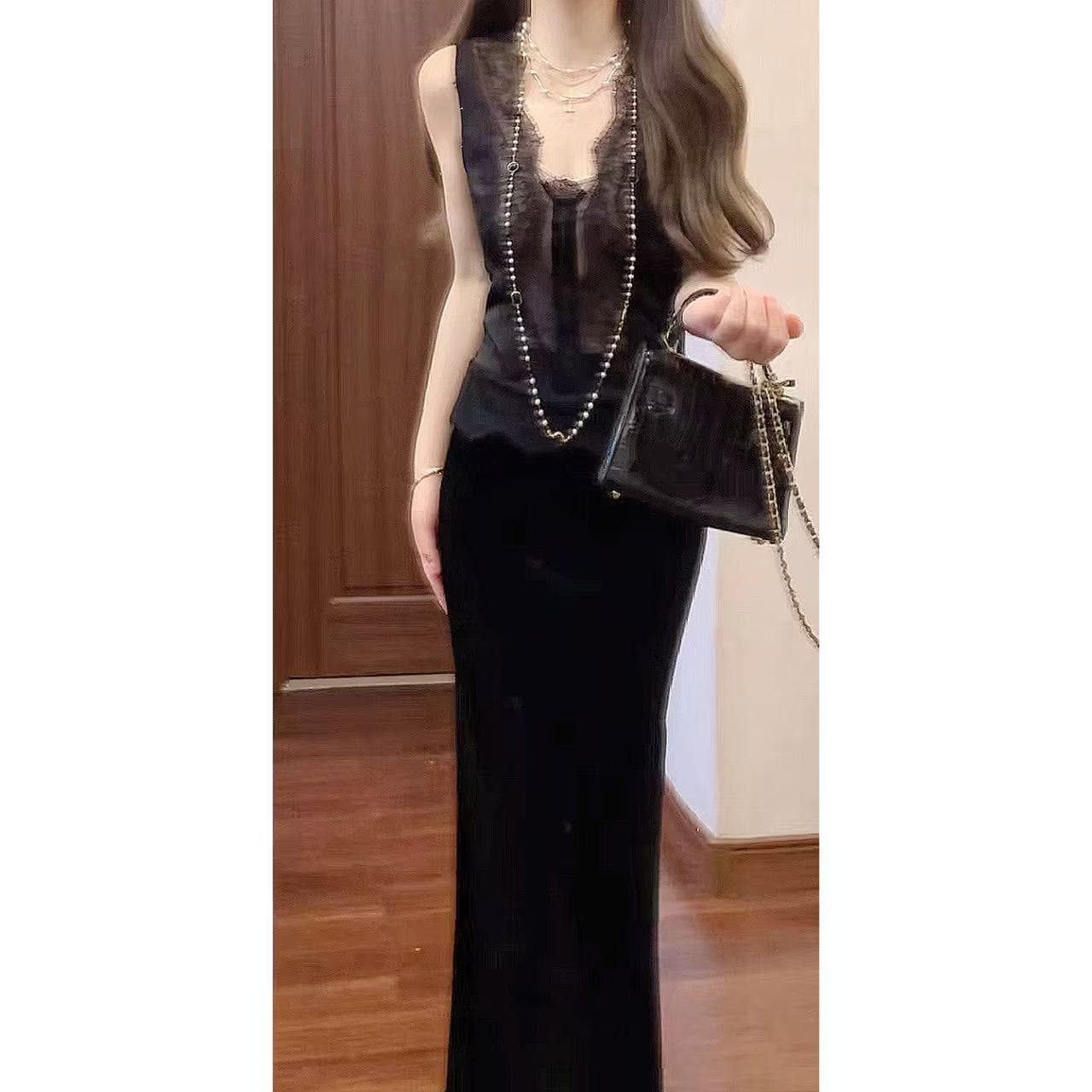 실사 부문 피닉스 빛 럭셔리 tf 새로운 계절 레이스 새틴 V넥 몸매 가꾸기 맨위 하이웨이스트 타이트 스커트 반 스커트 세트 상세 이미지 5