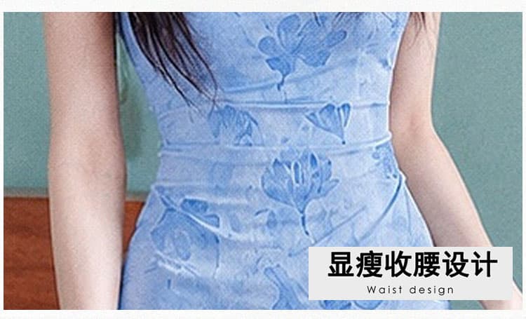 실사 물 라임 블루 지앤 새로운 중식 식물 플러시 치파오 여성 여름 블라우스 슬립 밝은 아름다운 드레스 상세 이미지 5