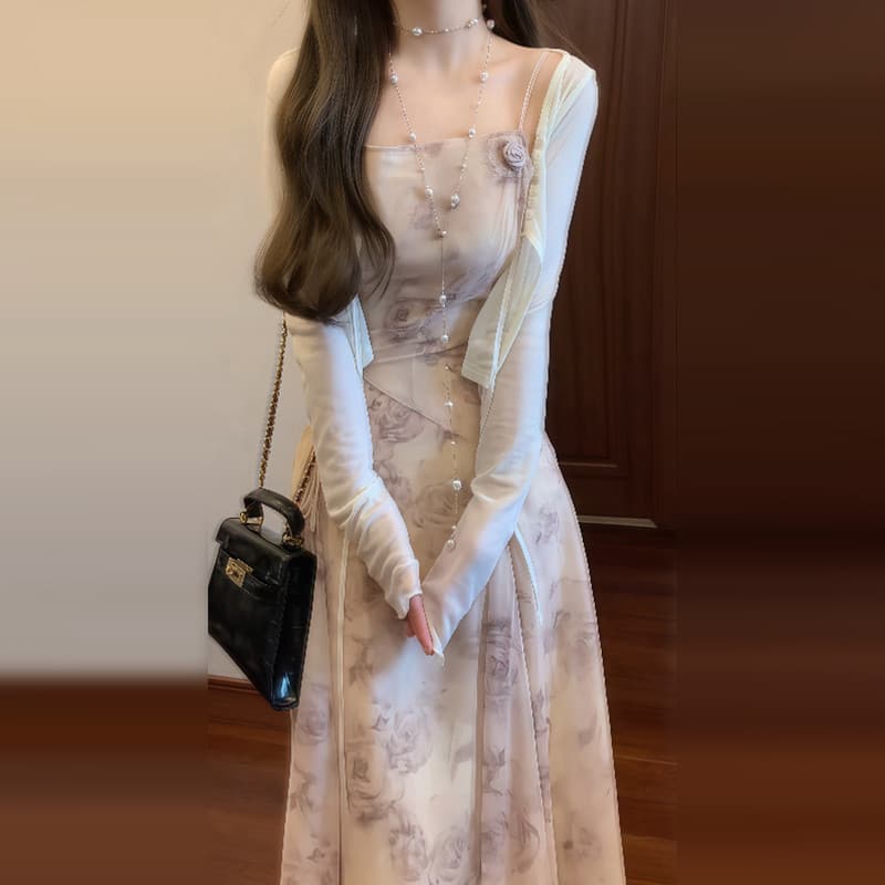 프랑스식 보라색 꽃무늬 슬립 드레스 아이들 봄 여름 2026 새로운 폭발 작은 키 품격 꼬집기 허리 롱 스커트 이미지 2