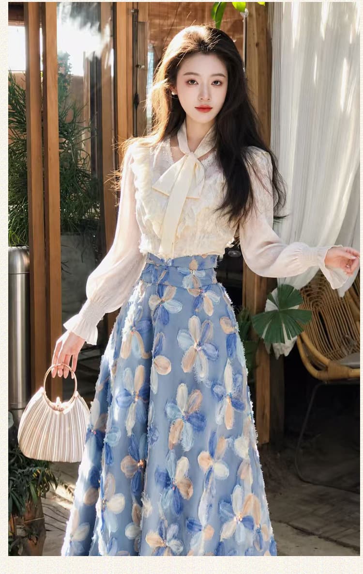 실사 잔 그림자 흔적 꿈 품격 행침 목 스트랩 레이스 반팔 셔츠 작은 대중 3 차원 꽃 반신 스커트 상세 이미지 20