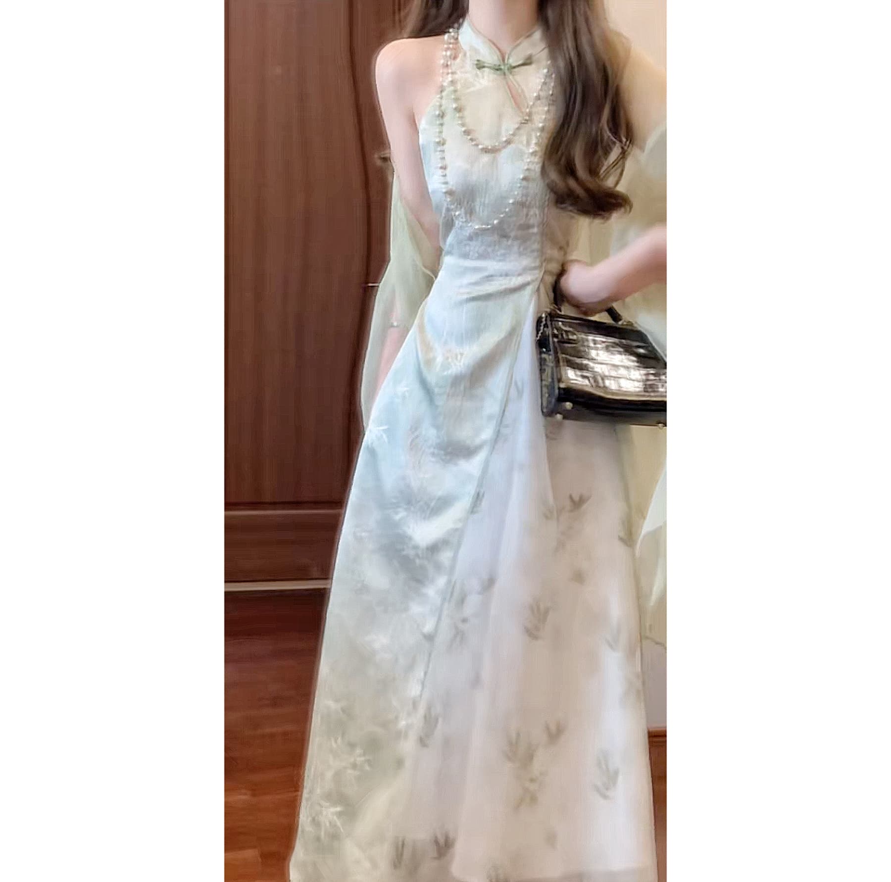 blovelan 샤오샹 들어라. 대나무 새로운 중식 개선 행침 목 원 웨이 치파오 자카드 패치워크 요정 가스 프린트 거즈 스커트 이미지 5