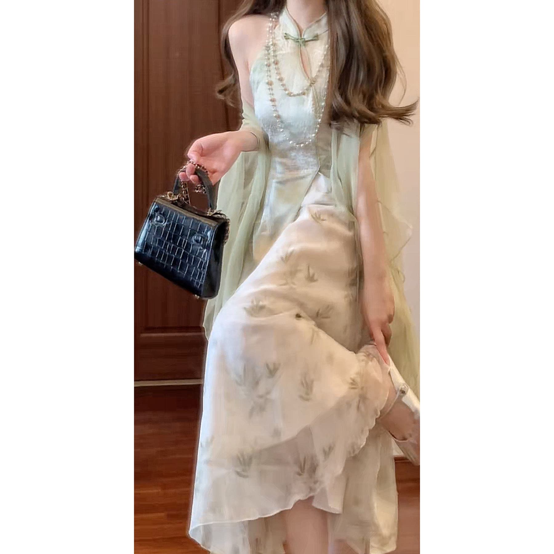 blovelan 샤오샹 들어라. 대나무 새로운 중식 개선 행침 목 원 웨이 치파오 자카드 패치워크 요정 가스 프린트 거즈 스커트 상세 이미지 5