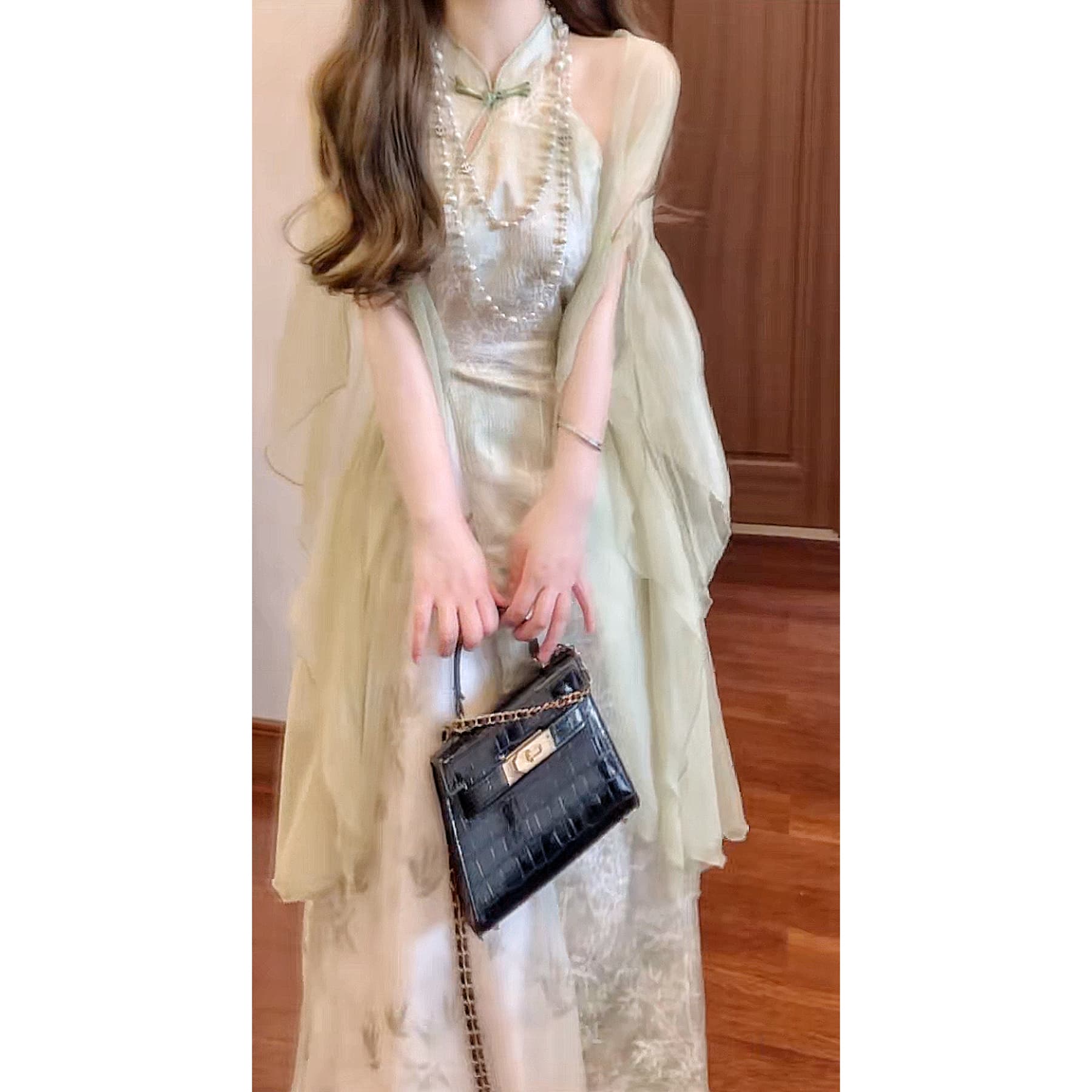 blovelan 샤오샹 들어라. 대나무 새로운 중식 개선 행침 목 원 웨이 치파오 자카드 패치워크 요정 가스 프린트 거즈 스커트 상세 이미지 6
