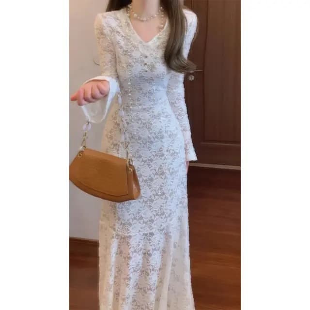 프랑스식 명문 여성 천 골드 센스 정식 경우 절묘한 드레스 레이스 꼬집기 허리 타이트 스커트 인어 꼬리 예복 치마 2026 가을 상세 이미지 3