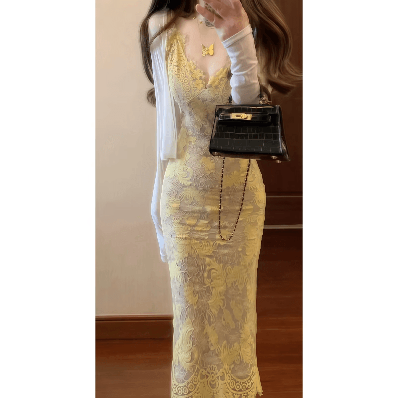 레이스 자수 섹시함 슬립 드레스 품격 우아함 바람 하이웨이스트 디스플레이 몸 몸매 가꾸기 인터넷 유명인 중간 길이 예복 치마 상세 이미지 6