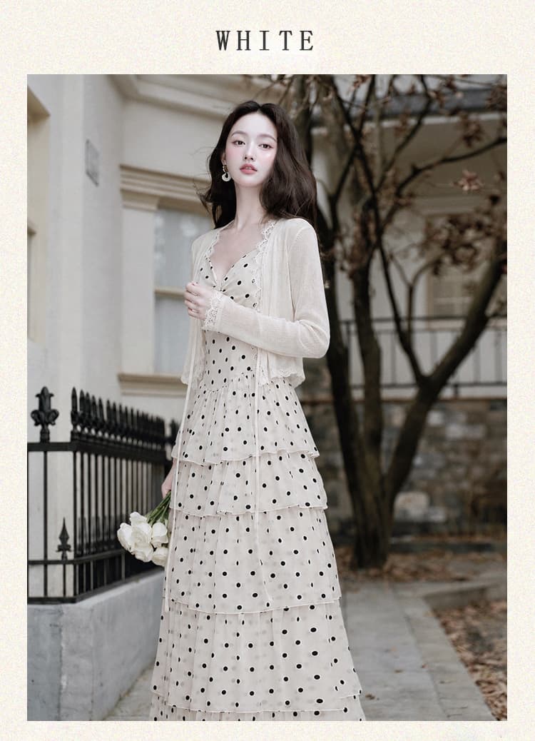 프랑스식 부드러운 바람 도트 무늬 슬립 여성 드레스 봄 여름 새로운 해변가 밖으로 조각 착용 가져 가라. 아름다운 케이크 롱 스커트 상세 이미지 12