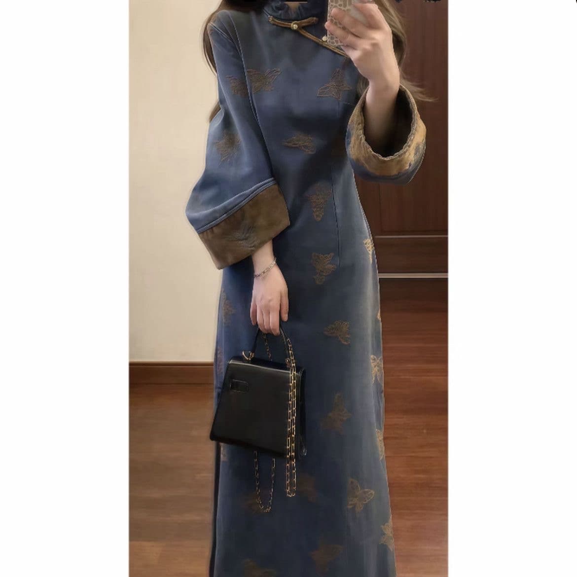 재고 있음 원본 원료 돌아 가기 평가 덜 새로운 중식 자수 치파오 개선 여성 가을 겨울 레트로 품격 드레스 이미지 2