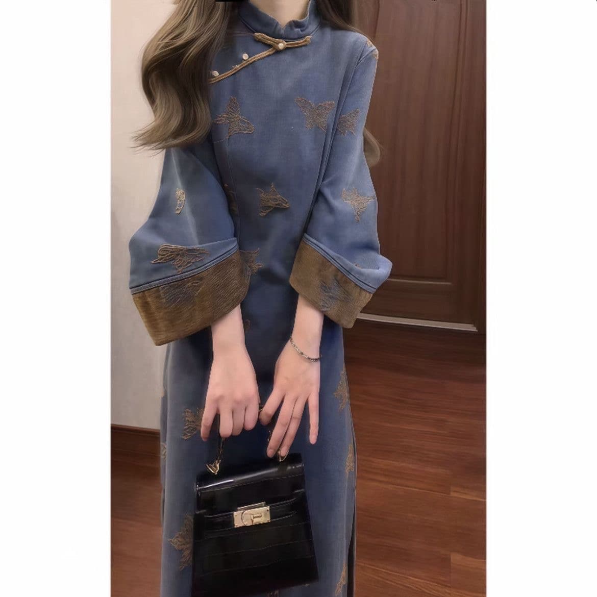 재고 있음 원본 원료 돌아 가기 평가 덜 새로운 중식 자수 치파오 개선 여성 가을 겨울 레트로 품격 드레스 상세 이미지 3
