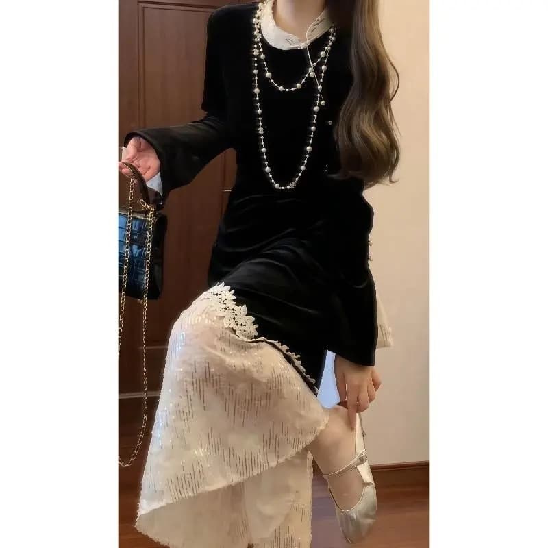 봄 가을 고급 센스 검정색 벨벳 페이크 레이어드 여성 드레스 허리 수축 슬림해 보이는 올해 인기 중간 길이 스커트 새로운 이미지 5