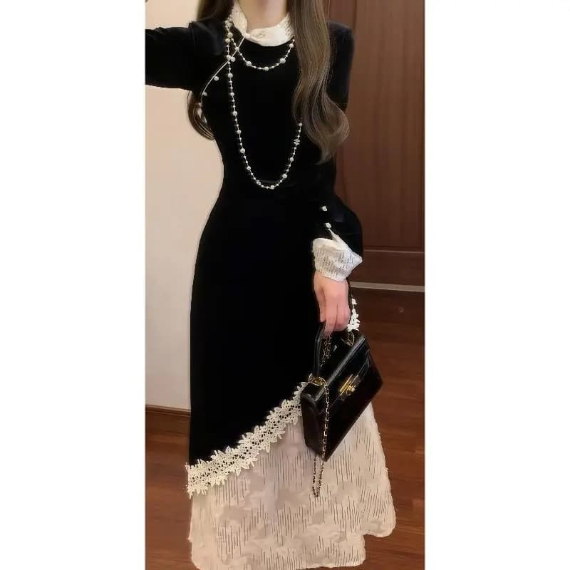 봄 가을 고급 센스 검정색 벨벳 페이크 레이어드 여성 드레스 허리 수축 슬림해 보이는 올해 인기 중간 길이 스커트 새로운 이미지 3