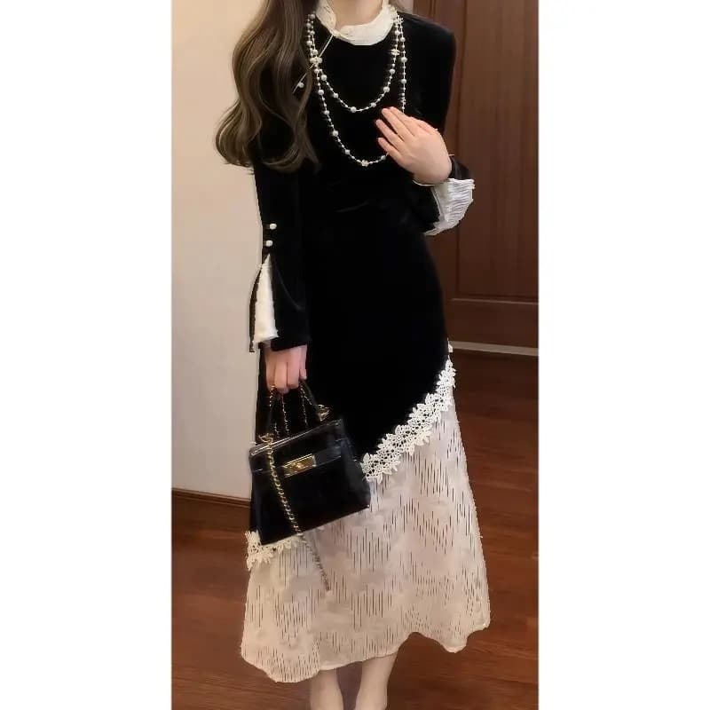 봄 가을 고급 센스 검정색 벨벳 페이크 레이어드 여성 드레스 허리 수축 슬림해 보이는 올해 인기 중간 길이 스커트 새로운 이미지 2