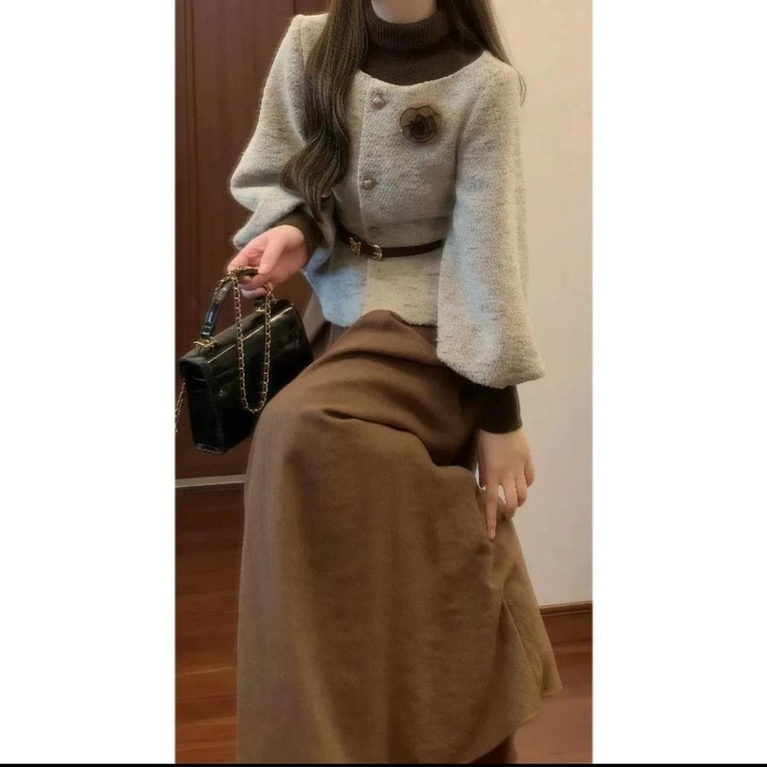 작은 샤넬 스타일 한 부서 외국 가스 코디 전체 집합 새로운 프랑스식 재킷 만나는 니트 스웨터 반신 스커트 세 조각 세트 이미지 5
