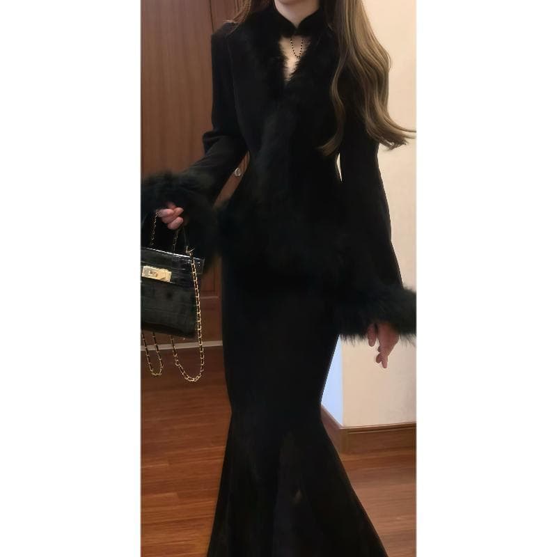 루 떠 다니는 밤의 연회 천 금빛 바람 비싼 가스 센스 가을 겨울 모피 재킷 두꺼운 레이스 몸매 가꾸기 인어 꼬리 치파오 세트 이미지 2
