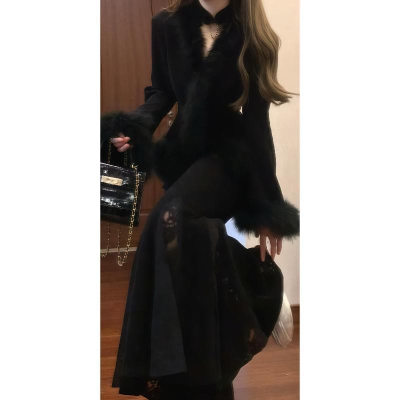 루 떠 다니는 밤의 연회 천 금빛 바람 비싼 가스 센스 가을 겨울 모피 재킷 두꺼운 레이스 몸매 가꾸기 인어 꼬리 치파오 세트 이미지 4