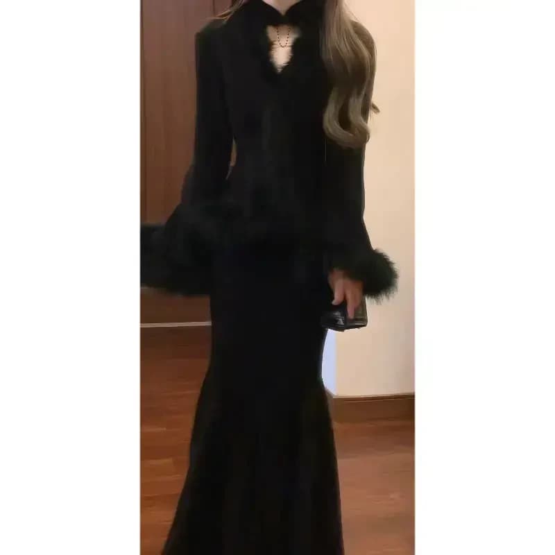 루 떠 다니는 밤의 연회 천 금빛 바람 비싼 가스 센스 가을 겨울 모피 재킷 두꺼운 레이스 몸매 가꾸기 인어 꼬리 치파오 세트 상세 이미지 5