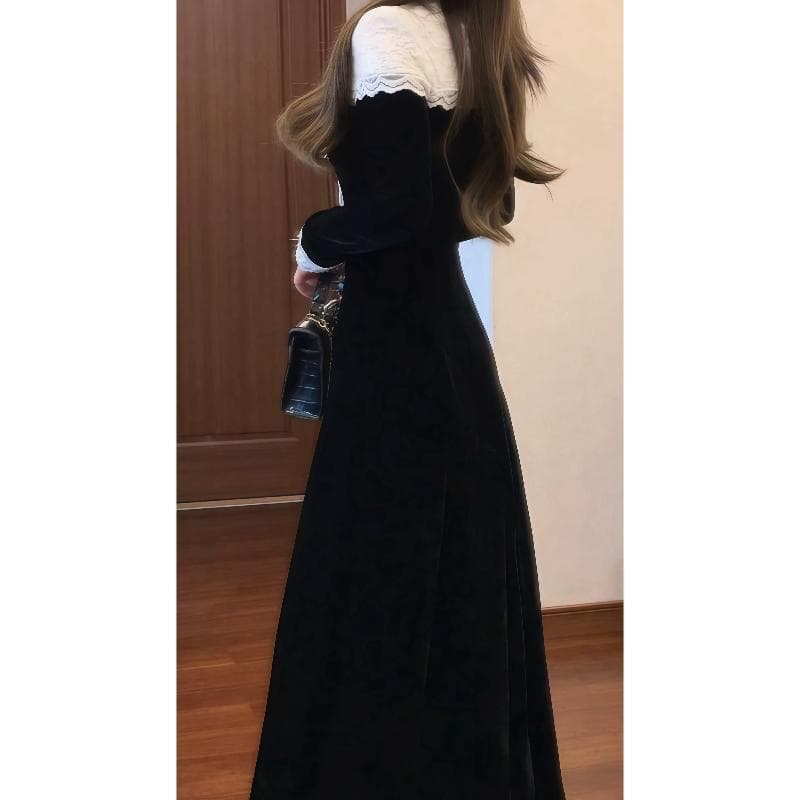 필라델피아 연애 편지 프랑스식 우아함 천 금빛 바람 레이스 조각 니트 드레스 허리 수축 품격 롱 스커트 상세 이미지 6