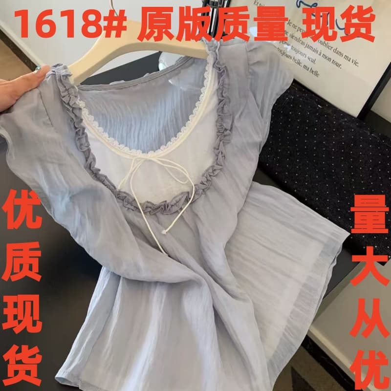 보존 폭발 추천 한 부서 달콤함 페이크 레이어드 여성 셔츠 여름 배색 패치워크 프릴 슬림해 보이는 맨위