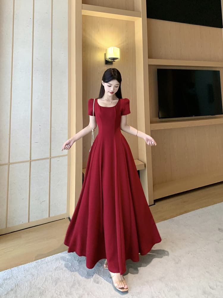 빨간색 광장 칼라 반팔 여성 드레스 2025 여름 우아함 품격 프랑스식 허리 수축 한 마디 빅 플레어 스커트 하이웨이스트 롱 스커트 상세 이미지 14
