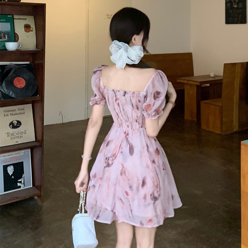 프랑스식 꽃무늬 반팔 여성 드레스 고급 센스 2026 여름 새로운 작은 키 핑크색 미니 스커트 튜브탑 치마 이미지 5