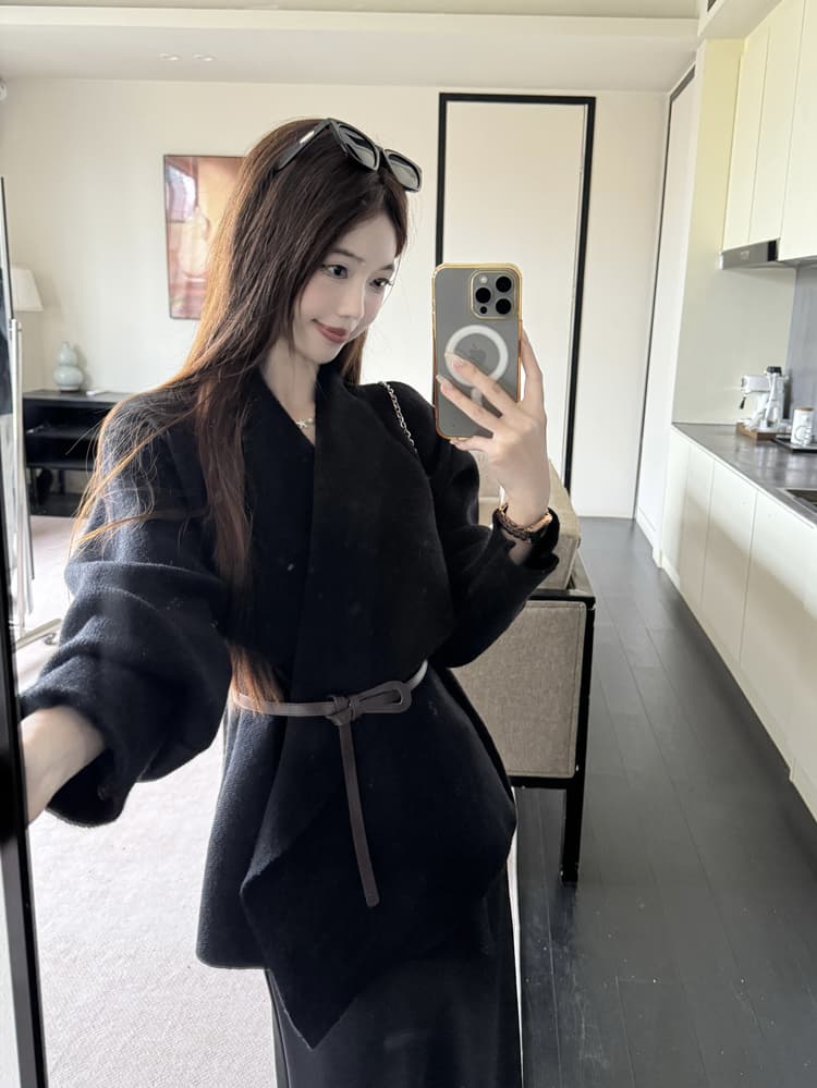 무거운 대 여성 주님 wan 아름다움 프로필 선 니트 스웨터 품격 폴로 칼라 허리 수축 재킷 하이웨이스트 반신 스커트 패션 세트 상세 이미지 16