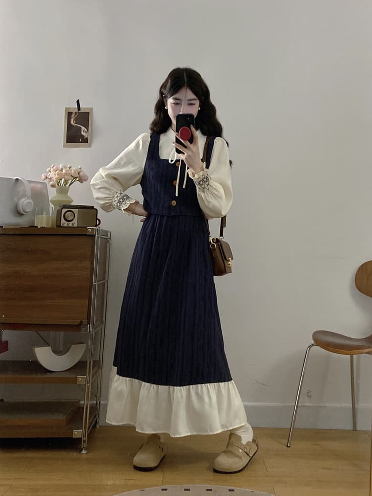 연령 감소 품격 페이크 레이어드 패치워크 여성 드레스 2026 이른 가을 프랑스식 문예 장난기 넘치는 허리 수축 프릴 치마 상세 이미지 6