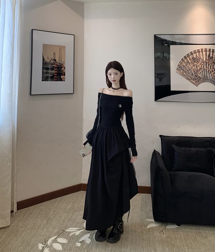 프랑스식 품격 여성 드레스 가을 겨울 마이크로 지방 mm 고급 센스 오프숄더 그는 벤 바람 길다 치마 빅 사이즈 드레스 상세 이미지 11