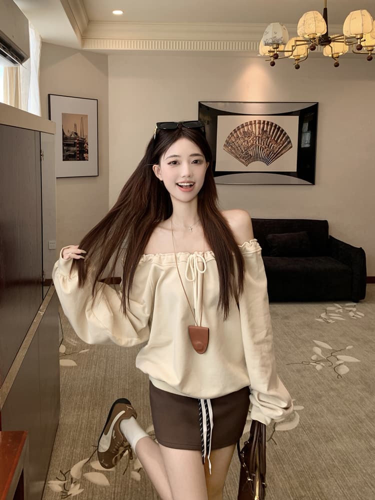 비스듬한 어깨 펌프 로프 웨이 긴팔 디자인 센스 작은 대중 루즈핏 핫걸 오프숄더 맨위 배색 하이웨이스트 타이트 스커트 투피스 세트 상세 이미지 11