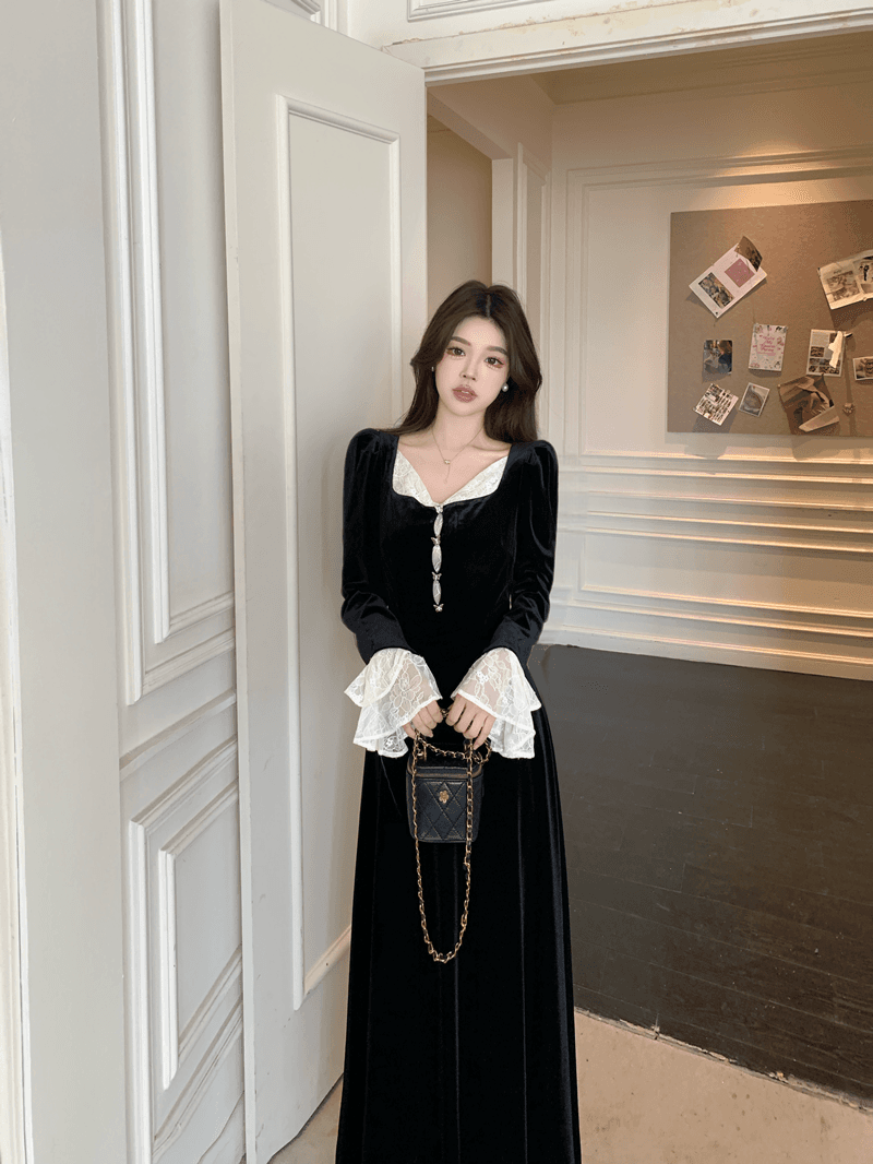 궁정 바람 레이스 배색 벨벳 여성 드레스 검정색 고급 센스 무거운 작업 단색 색상 공예 프랑스식 천 골드 롱 스커트 이미지 3