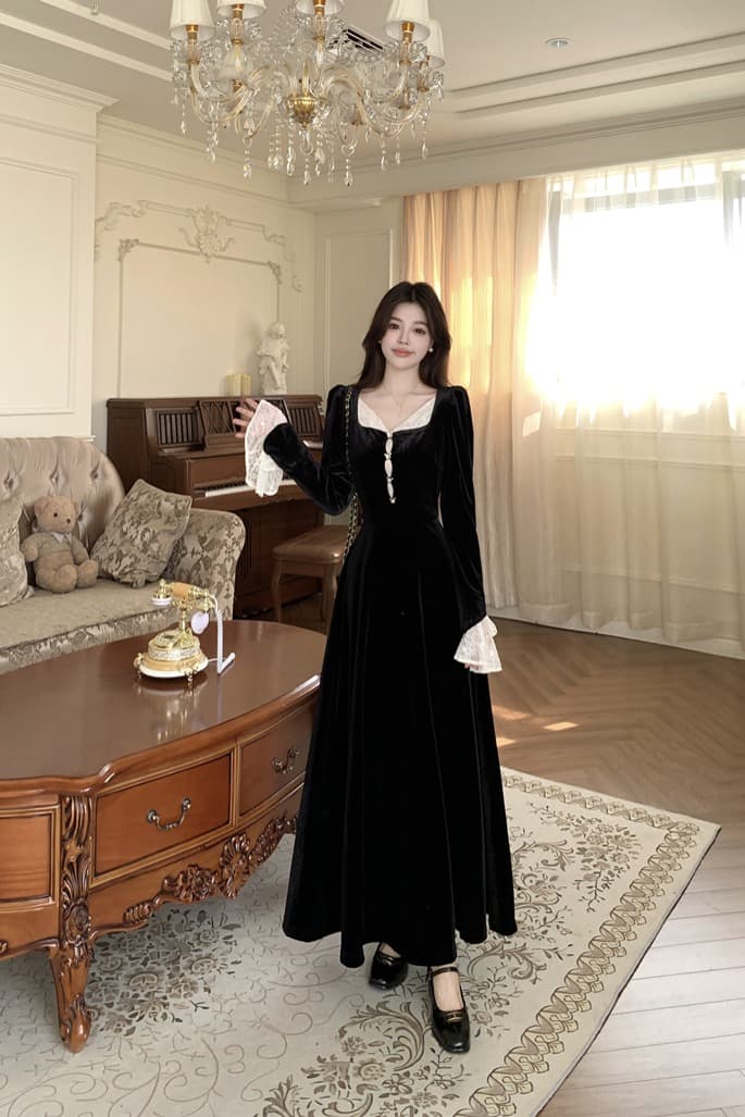궁정 바람 레이스 배색 벨벳 여성 드레스 검정색 고급 센스 무거운 작업 단색 색상 공예 프랑스식 천 골드 롱 스커트 이미지 6