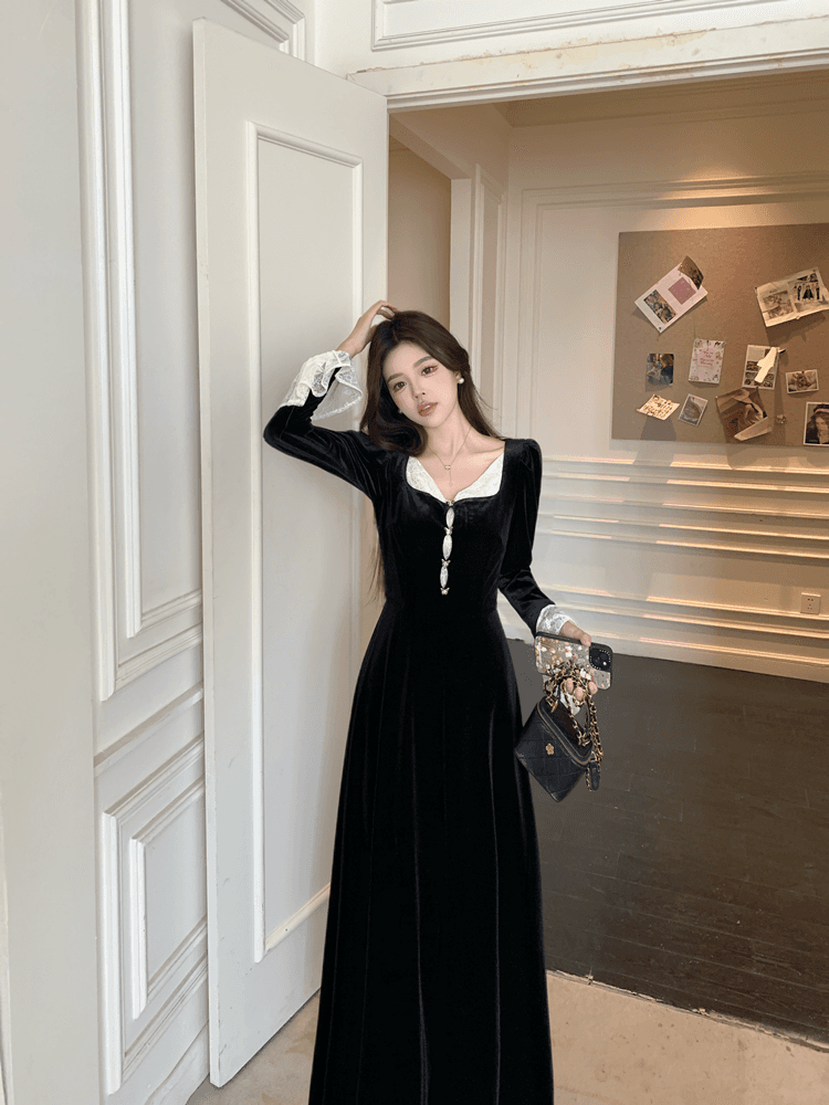 궁정 바람 레이스 배색 벨벳 여성 드레스 검정색 고급 센스 무거운 작업 단색 색상 공예 프랑스식 천 골드 롱 스커트 상세 이미지 6