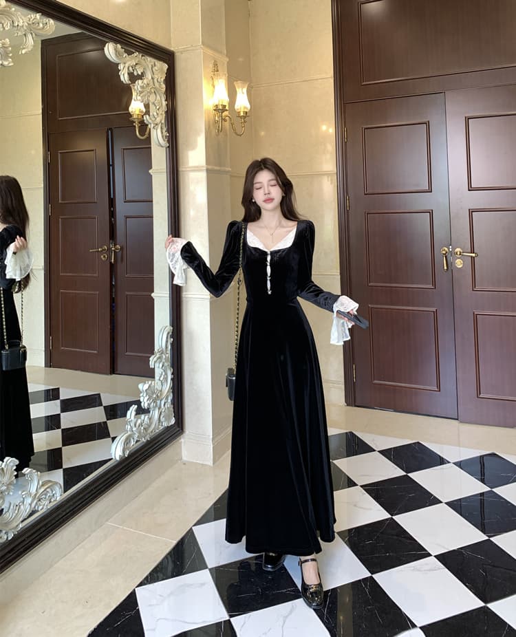 궁정 바람 레이스 배색 벨벳 여성 드레스 검정색 고급 센스 무거운 작업 단색 색상 공예 프랑스식 천 골드 롱 스커트 상세 이미지 14