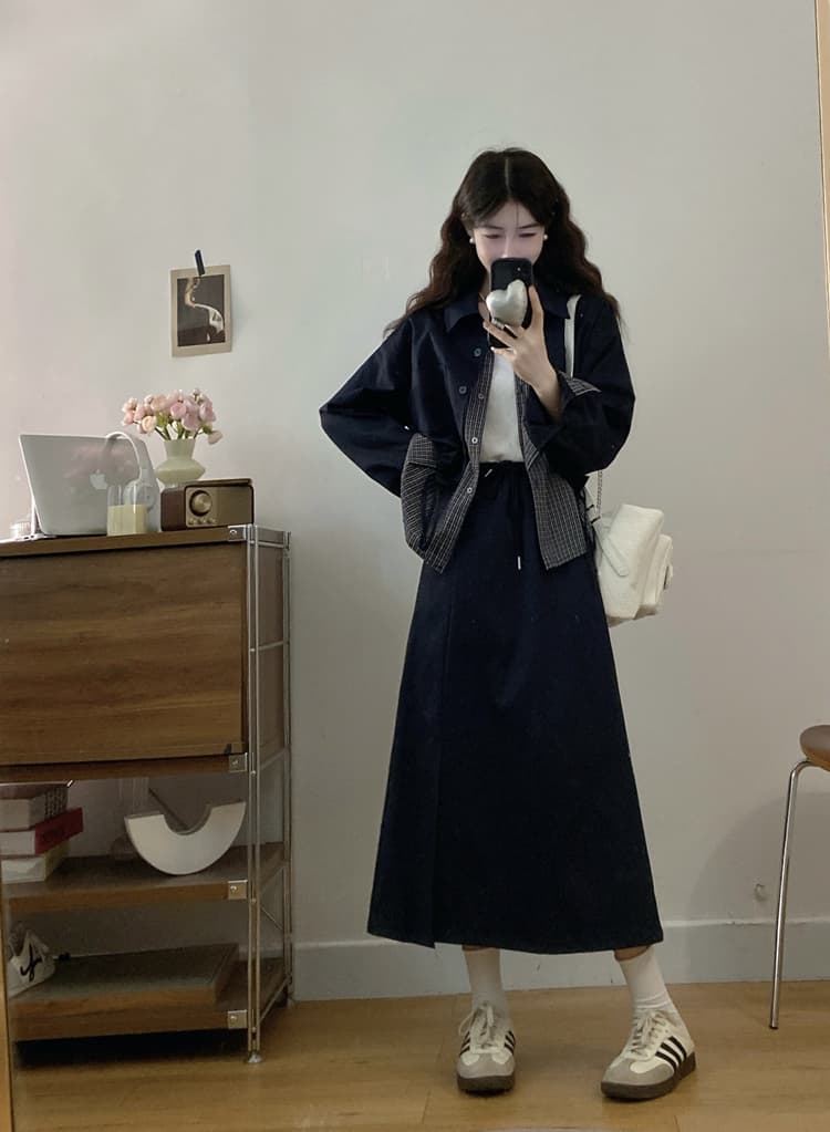 캐주얼 바람 패션 세트 디자인 센스 체크무늬 패치워크 허리 수축 반신 스커트 외국 가스 가을 겨울 품격 레트로 투피스 세트 상세 이미지 2