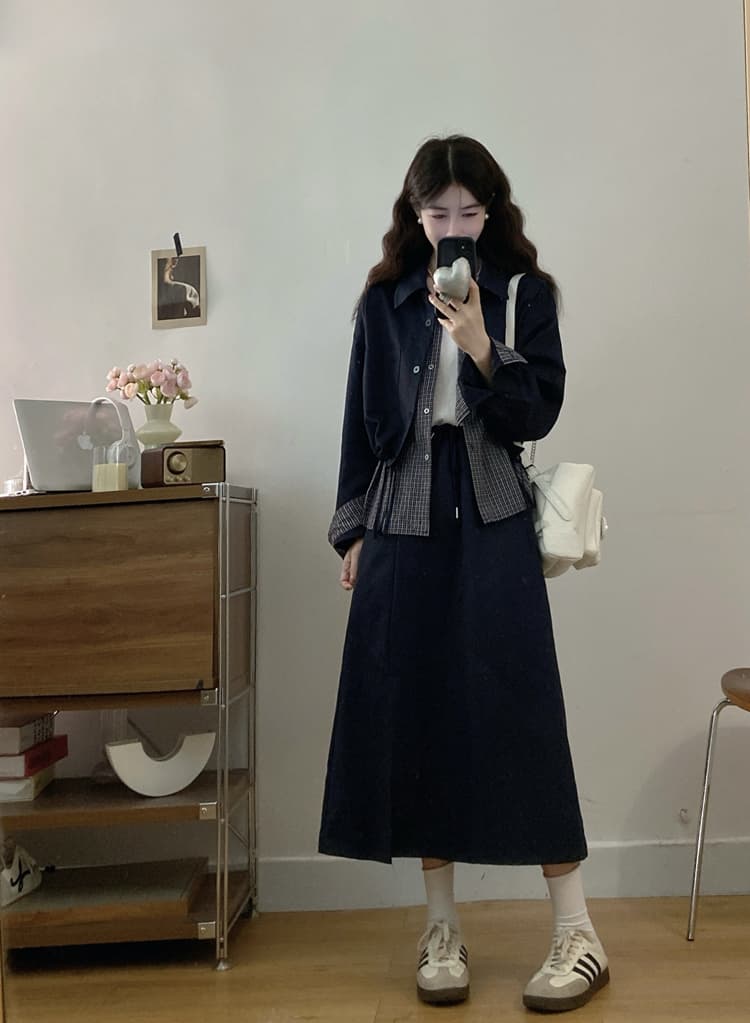 캐주얼 바람 패션 세트 디자인 센스 체크무늬 패치워크 허리 수축 반신 스커트 외국 가스 가을 겨울 품격 레트로 투피스 세트 상세 이미지 9