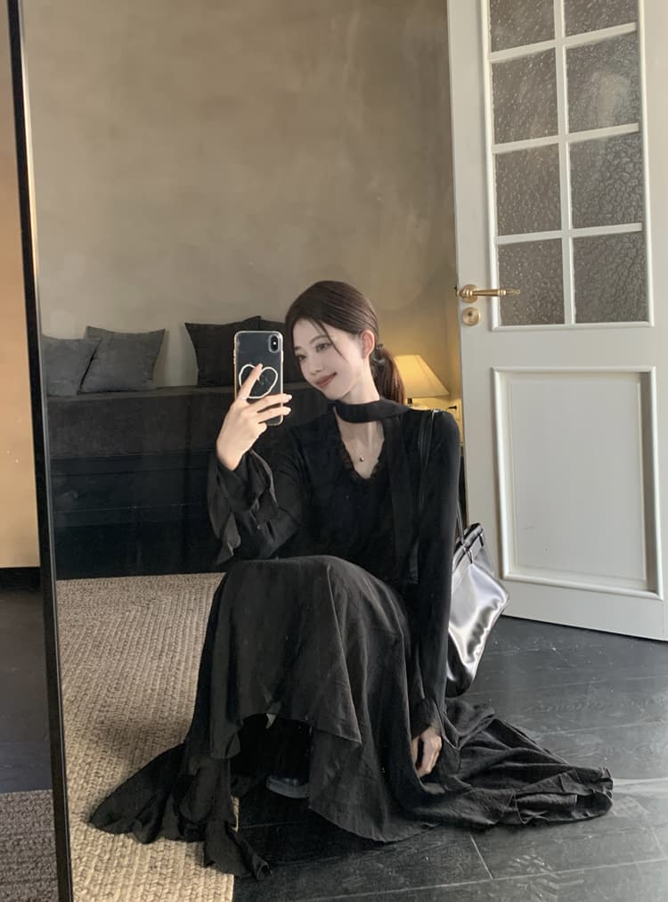 감기 고귀한 우아함 V넥 똑똑한 프릴 여성 드레스 디자인 센스 리본 품격 몸매 가꾸기 슬림해 보이는 롱 스커트 상세 이미지 11