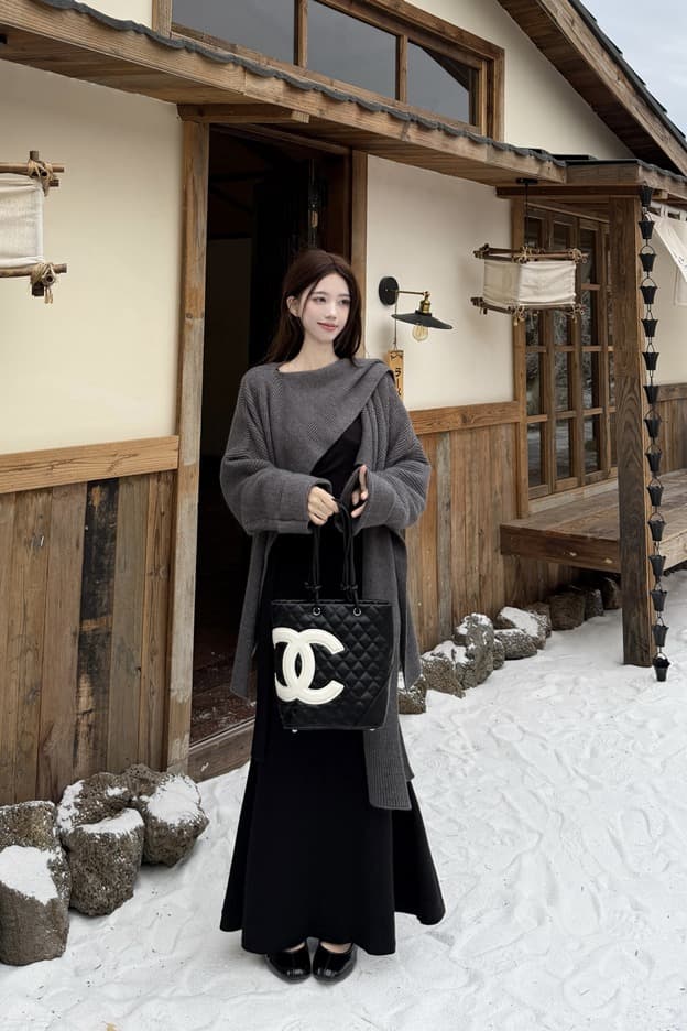 빅 사이즈 통통한 여동생 한 부서 느긋한 불규칙 십자가 숄 망토 오픈 가디건 여성 가을 겨울 인어 꼬리 점프 슈트 치마 세트 이미지 7