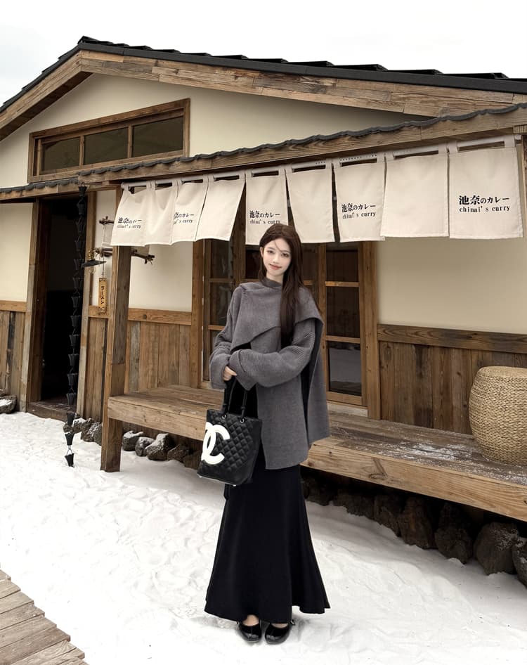 빅 사이즈 통통한 여동생 한 부서 느긋한 불규칙 십자가 숄 망토 오픈 가디건 여성 가을 겨울 인어 꼬리 점프 슈트 치마 세트 상세 이미지 2