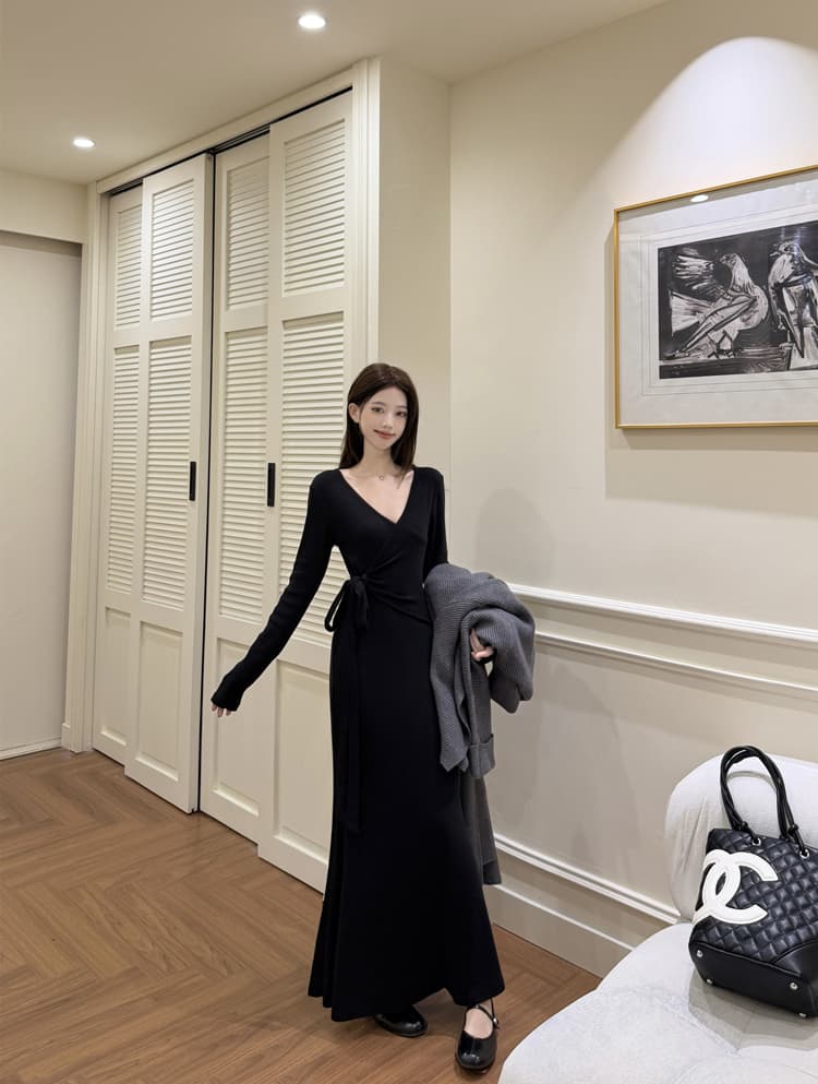 빅 사이즈 통통한 여동생 한 부서 느긋한 불규칙 십자가 숄 망토 오픈 가디건 여성 가을 겨울 인어 꼬리 점프 슈트 치마 세트 상세 이미지 6