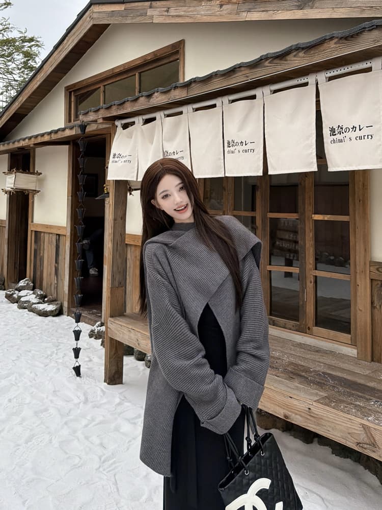 빅 사이즈 통통한 여동생 한 부서 느긋한 불규칙 십자가 숄 망토 오픈 가디건 여성 가을 겨울 인어 꼬리 점프 슈트 치마 세트 상세 이미지 8