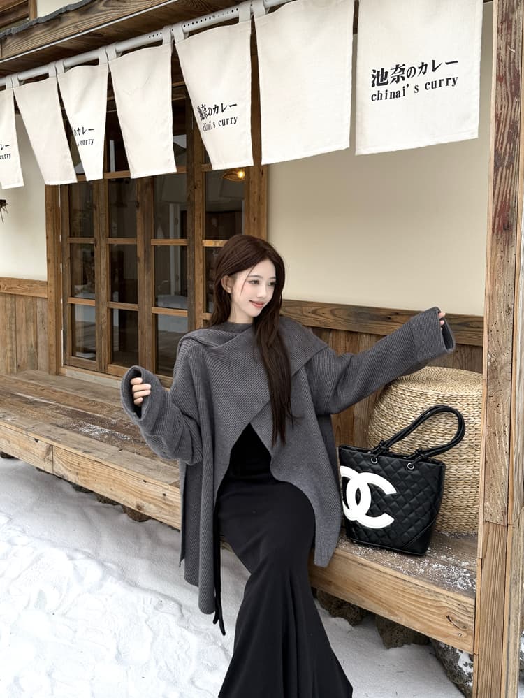 빅 사이즈 통통한 여동생 한 부서 느긋한 불규칙 십자가 숄 망토 오픈 가디건 여성 가을 겨울 인어 꼬리 점프 슈트 치마 세트 상세 이미지 9