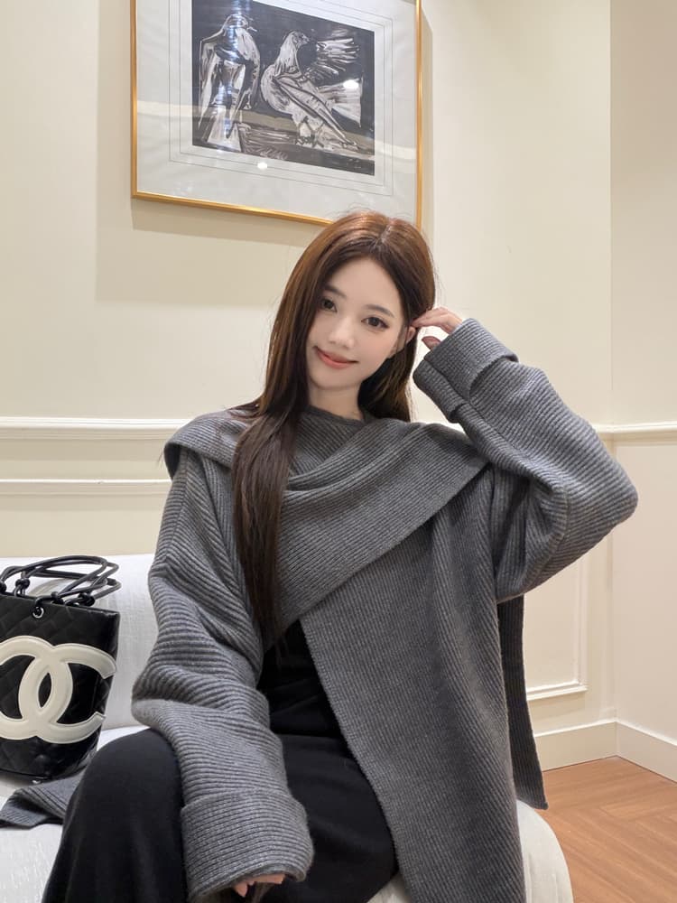 빅 사이즈 통통한 여동생 한 부서 느긋한 불규칙 십자가 숄 망토 오픈 가디건 여성 가을 겨울 인어 꼬리 점프 슈트 치마 세트 상세 이미지 10