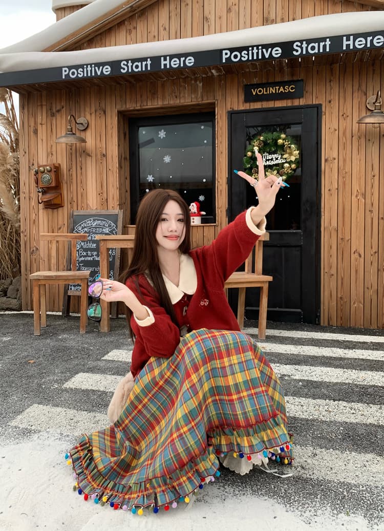 지방 mm 나비 매듭 빨간색 크리스마스 페이크 레이어드 스웨터 색상 체크무늬 작은 설탕 콩 플리츠 반신 치마 세트 상세 이미지 2