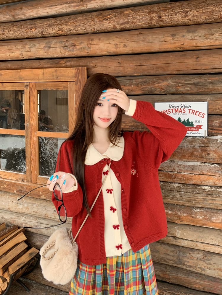 지방 mm 나비 매듭 빨간색 크리스마스 페이크 레이어드 스웨터 색상 체크무늬 작은 설탕 콩 플리츠 반신 치마 세트 상세 이미지 9