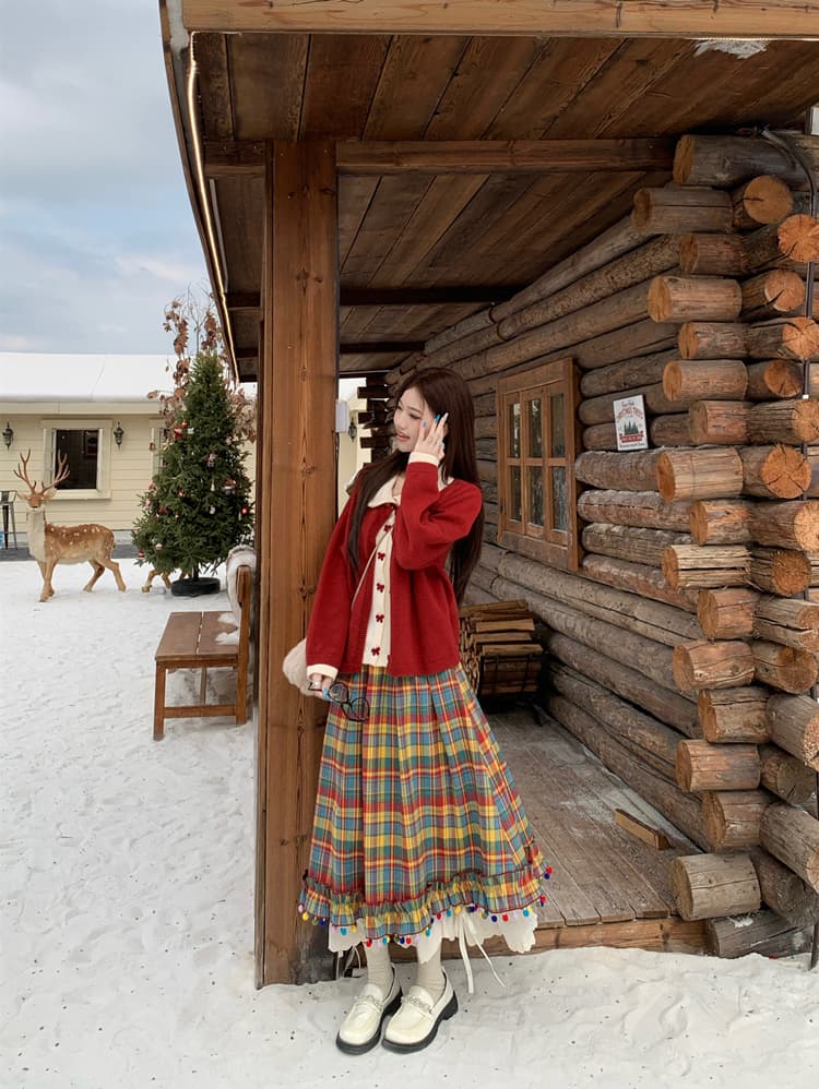 지방 mm 나비 매듭 빨간색 크리스마스 페이크 레이어드 스웨터 색상 체크무늬 작은 설탕 콩 플리츠 반신 치마 세트 상세 이미지 13