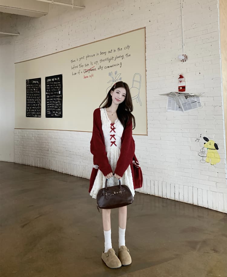 빅 사이즈 여성 의류 지방 mm 슬림해 보이는 세트 빨간색 스웨터 오픈 가디건 부드러운 바람 분위기 센스 신년 레이스 슬립 미니 스커트 상세 이미지 11