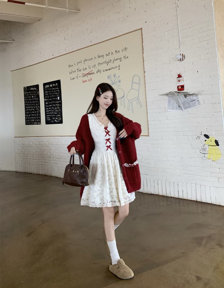 빅 사이즈 여성 의류 지방 mm 슬림해 보이는 세트 빨간색 스웨터 오픈 가디건 부드러운 바람 분위기 센스 신년 레이스 슬립 미니 스커트 상세 이미지 13